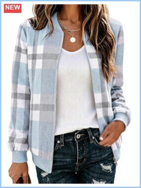 Plaid Flannel Bomber Jacket Zip Up Lightweight Coat